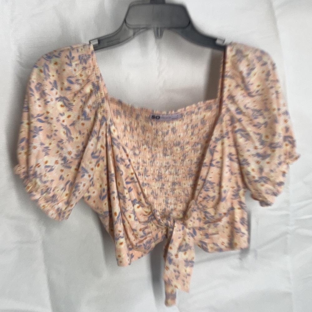 SO top floral print tie front smocked back puff sleeve crop top boho L jrs - Picture 10 of 16